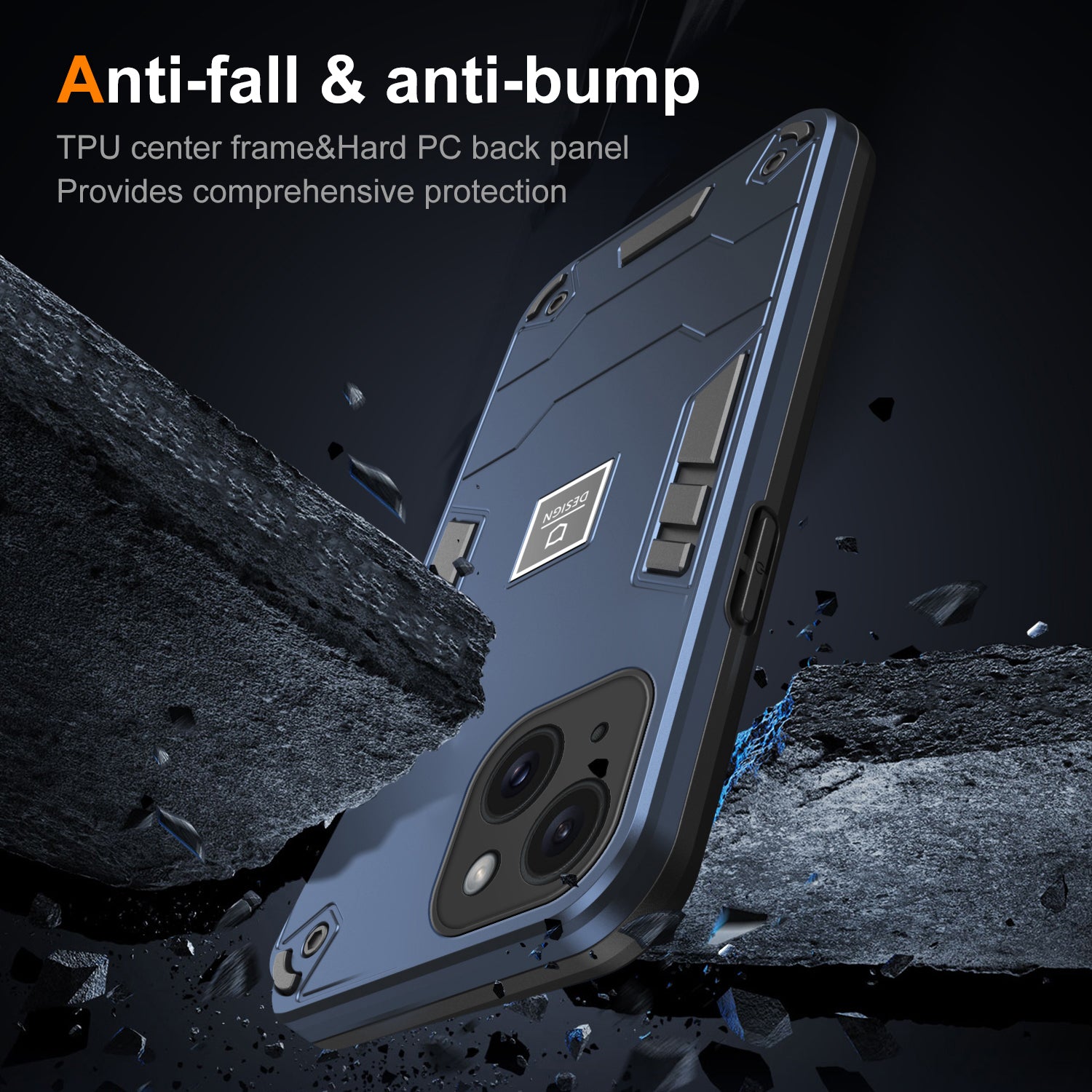 For iPhone 15 Phone Case Anti Silp PC+TPU Protection Cover - Navy Blue For iPhone 15 Phone Case Anti Silp PC+TPU Protection Cover - Navy Blue